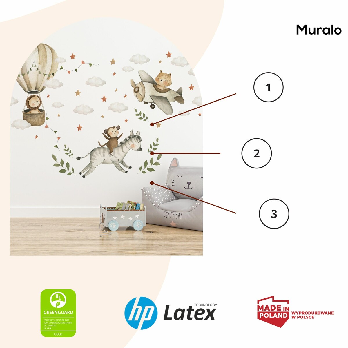 ZESTAW Naklejek Dla Dzieci Dzikie Zwierzęta Lew Zebra Małpka Chmurki Liście 120x60cm