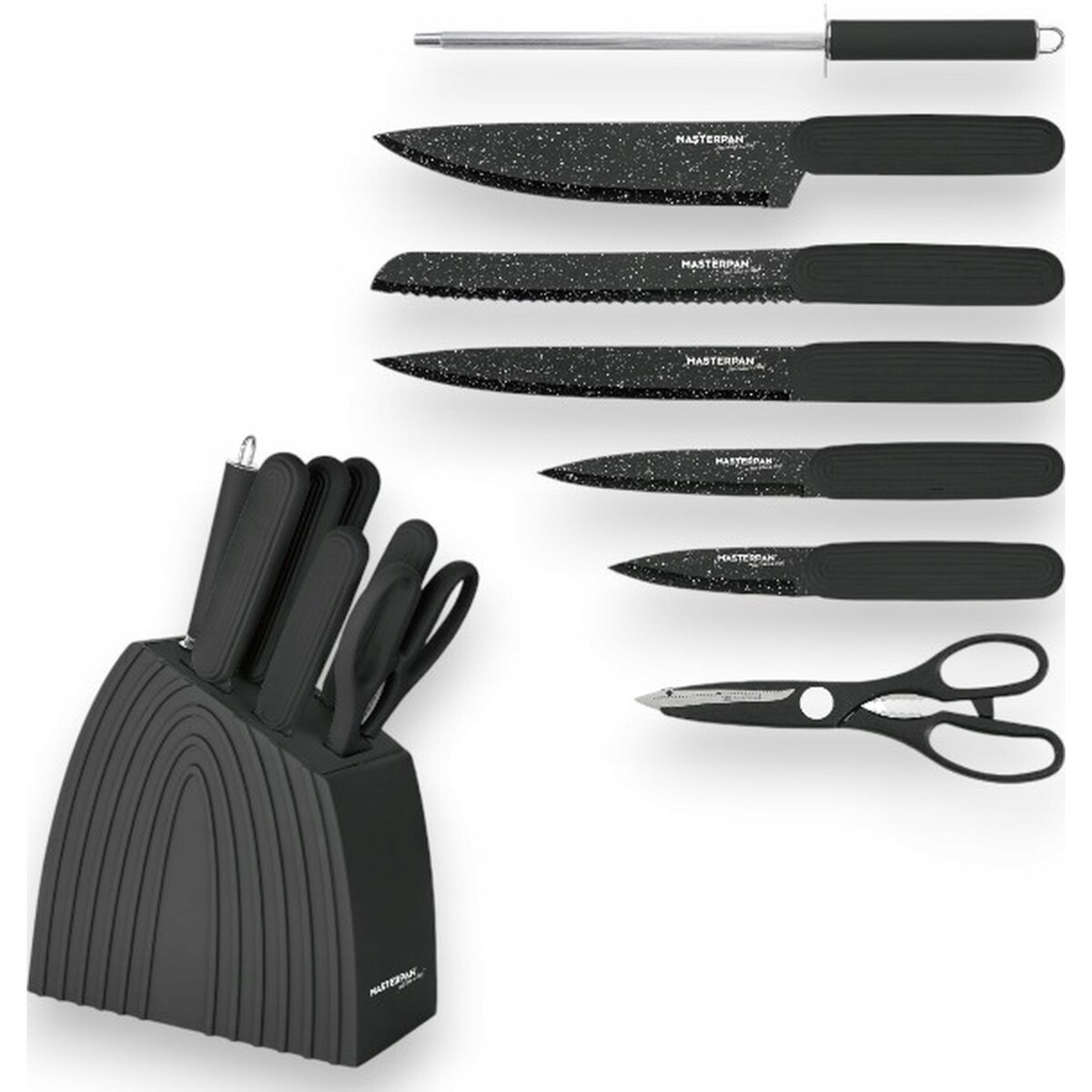 Zestaw Komplet Noży Kuchennych W Czarnym Bloku 8 El Ostrzałka Nożyczki