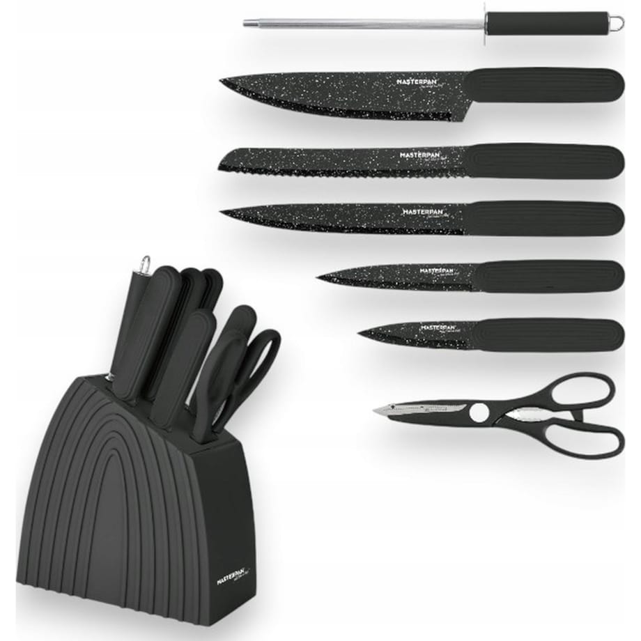 Zestaw Komplet Noży Kuchennych W Czarnym Bloku 8 El Ostrzałka Nożyczki