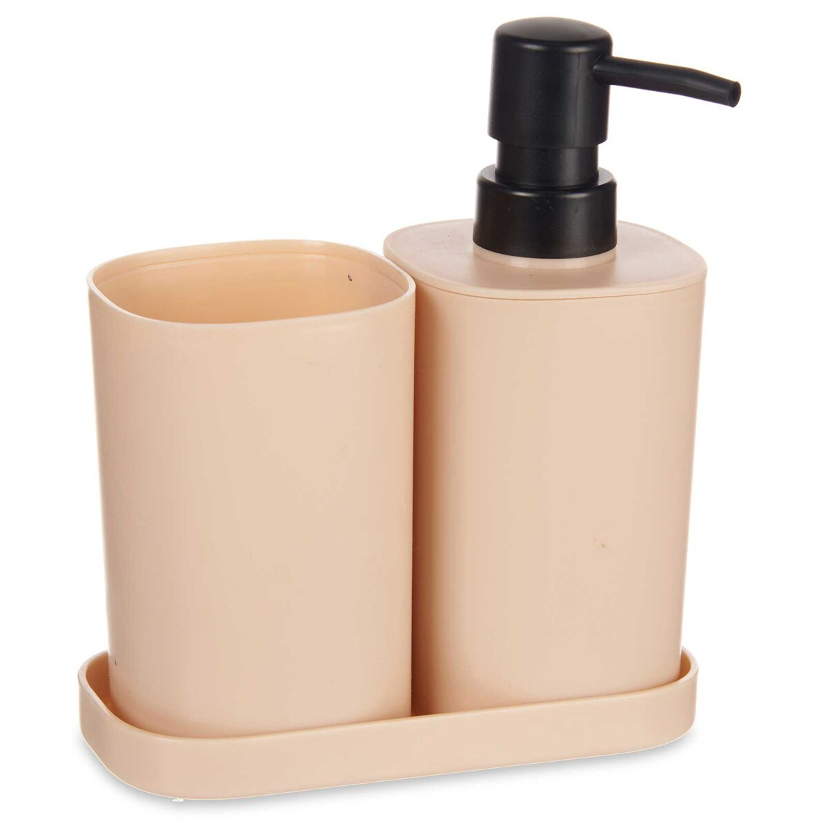 Dozownik do mydła w płynie z kubkiem na szczoteczki i podstawką, plastikowy, 3 elementy