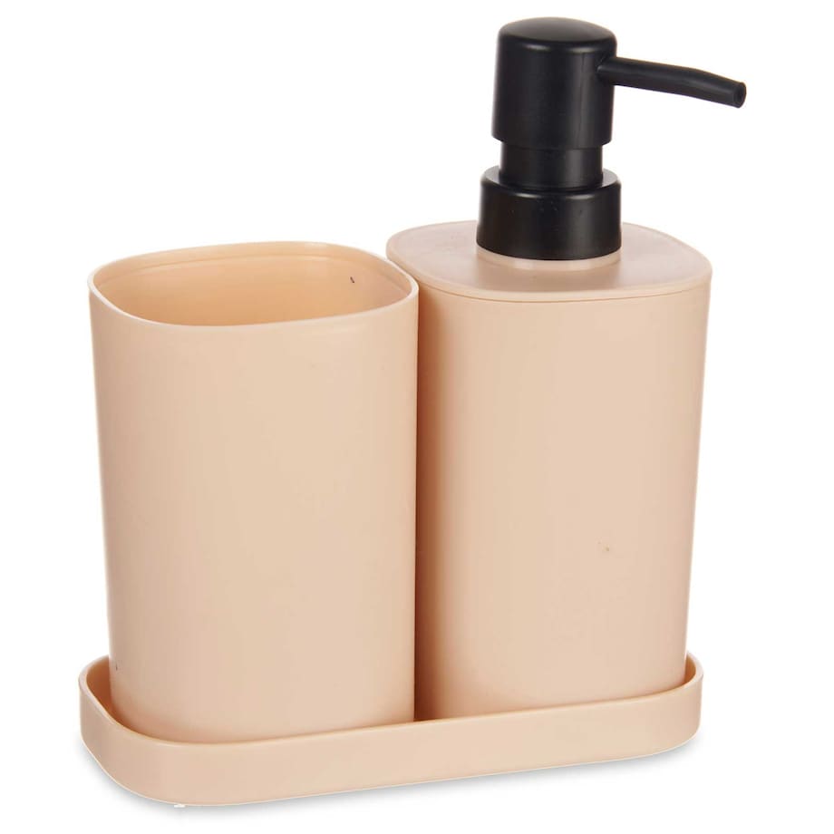 Dozownik do mydła w płynie z kubkiem na szczoteczki i podstawką, plastikowy, 3 elementy