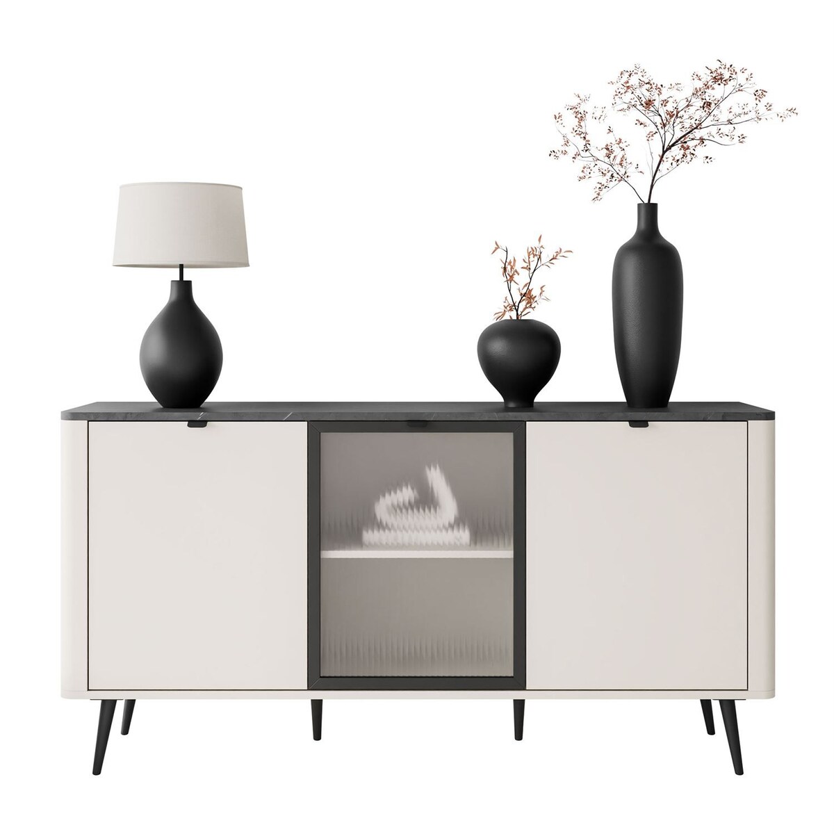 Komoda na nóżkach AUTUMN 2D1W z przeszklonym frontem, kaszmir / szary kmaień