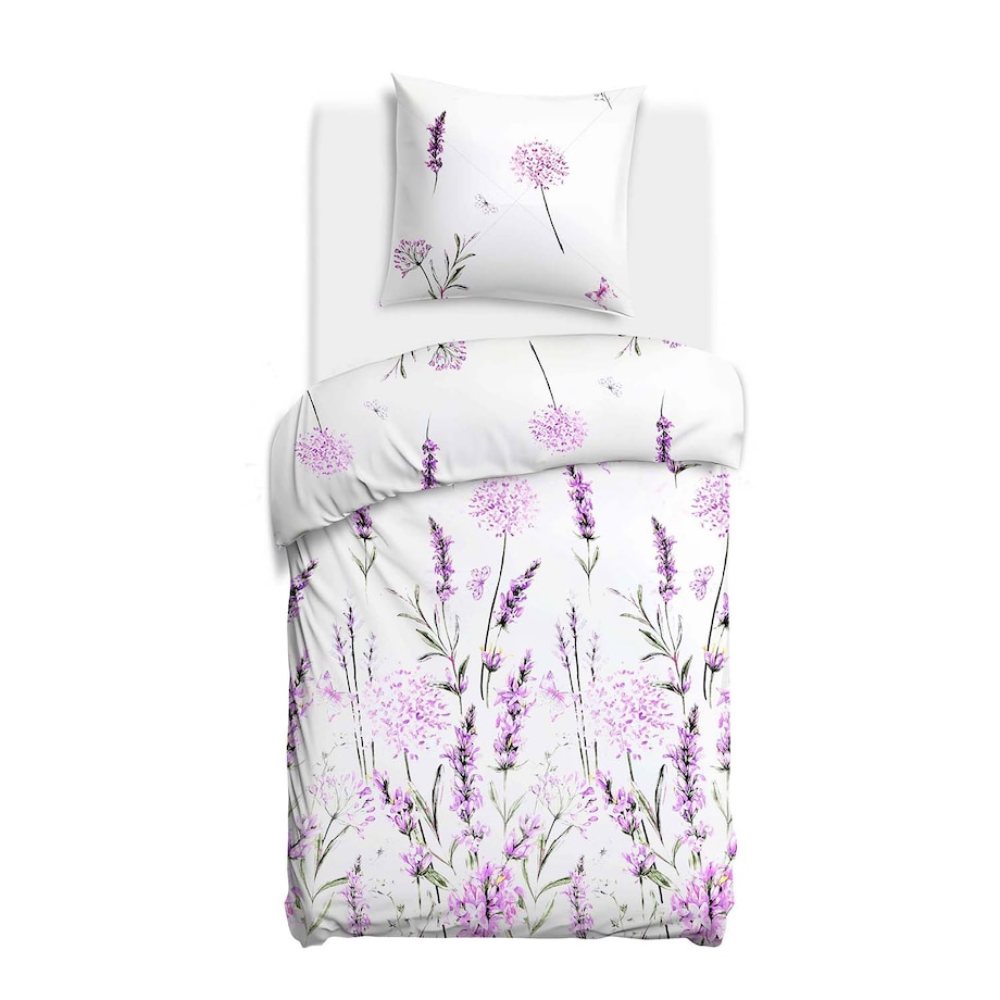 Pościel bawełniana 140x200 Lavenda biała z motywem fioletowej lawendy, Cottonlove