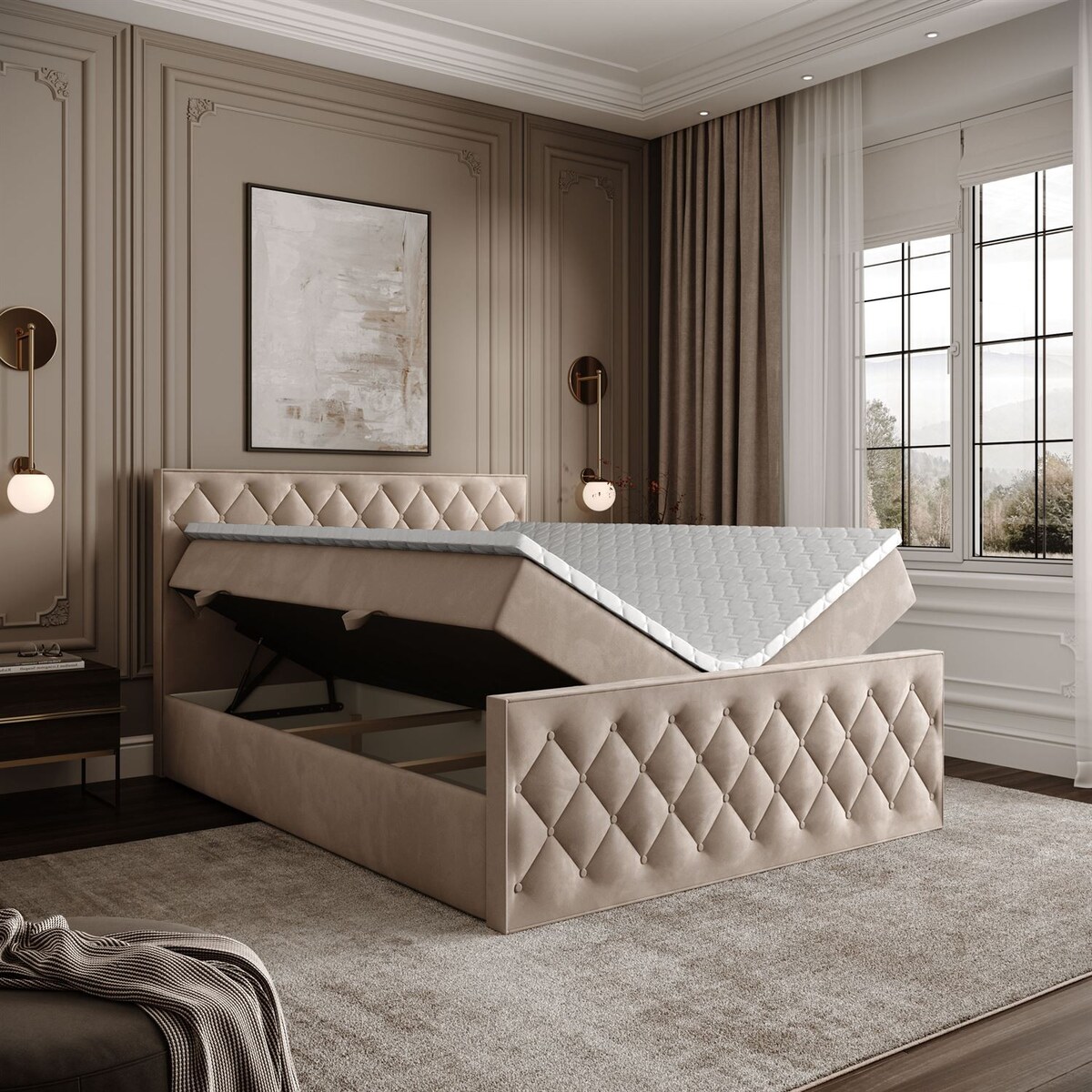 Łóżko kontynentalne INEZ II, pojemnik na pościel, 140x200, Royal Velvet 170, topper