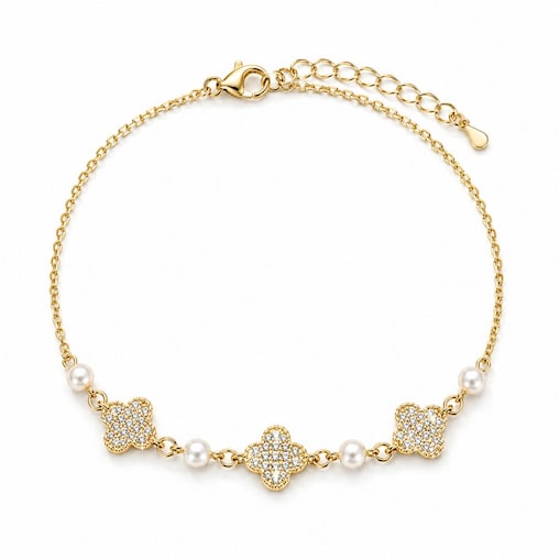Bransoletka na rękę stal chirurgiczna pozłacana 14k złotem, koniczynka, cyrkonie, perełki BST1620