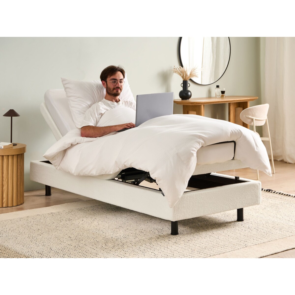 Łóżko regulowane bez zagłówka Boucle DUKE 90 x 200 cm Złamana biel