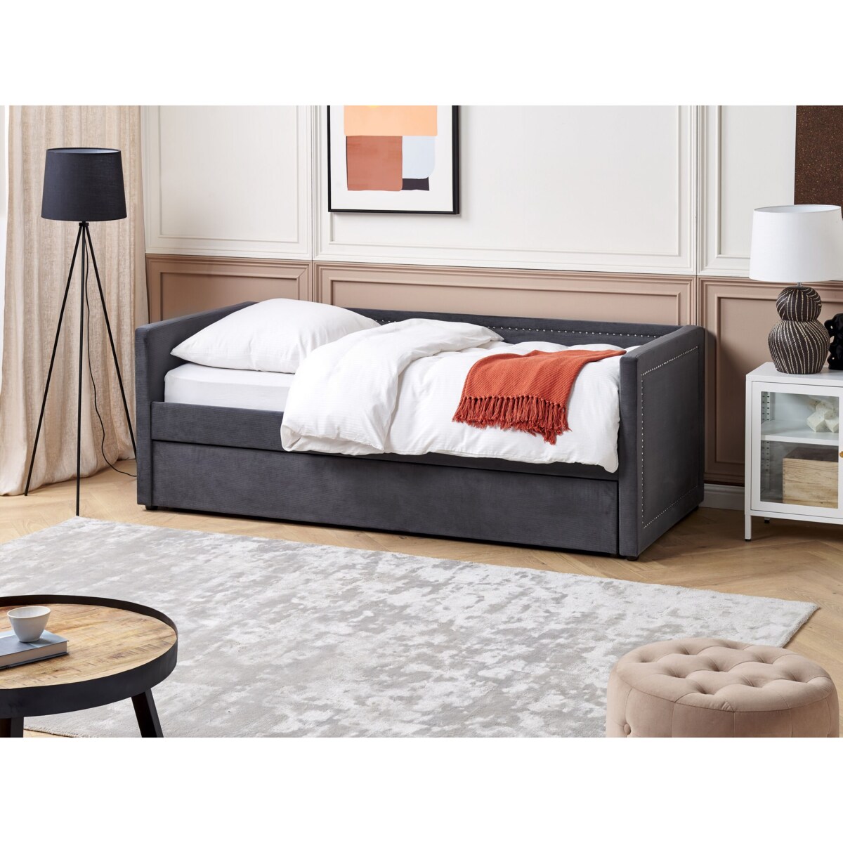 Łóżko wysuwane tapicerowane 90 x 200 cm ciemnoszare MIMIZAN