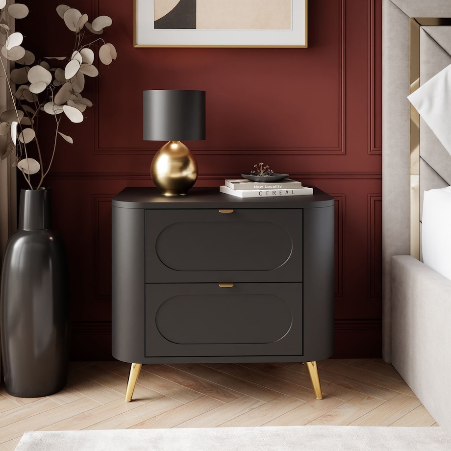 Szafka nocna SHADOW II 2S - czarna MDF, 2 szuflady, złote uchwyty