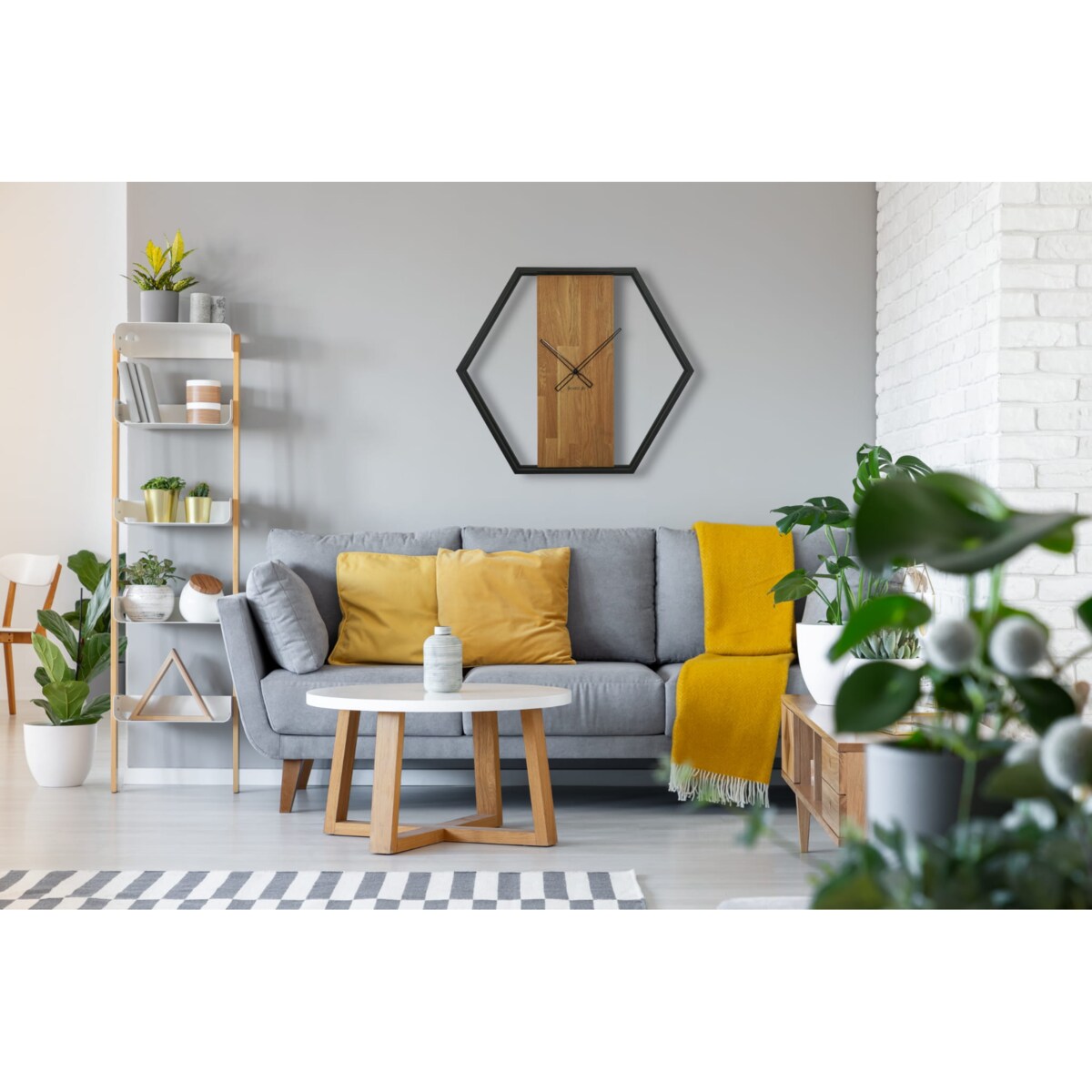 Zegar ścienny drewniany do salonu LOFT HEXAGON 80cm