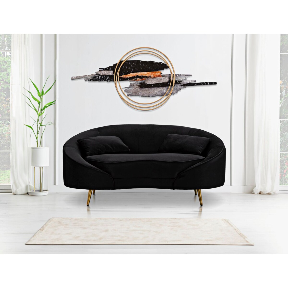 Sofa Oslo, kolor czarny i złoty, poliester, drewno eukaliptusowe i metal, 148 x 84 x 68 cm, do salonu, Mauro Ferretti