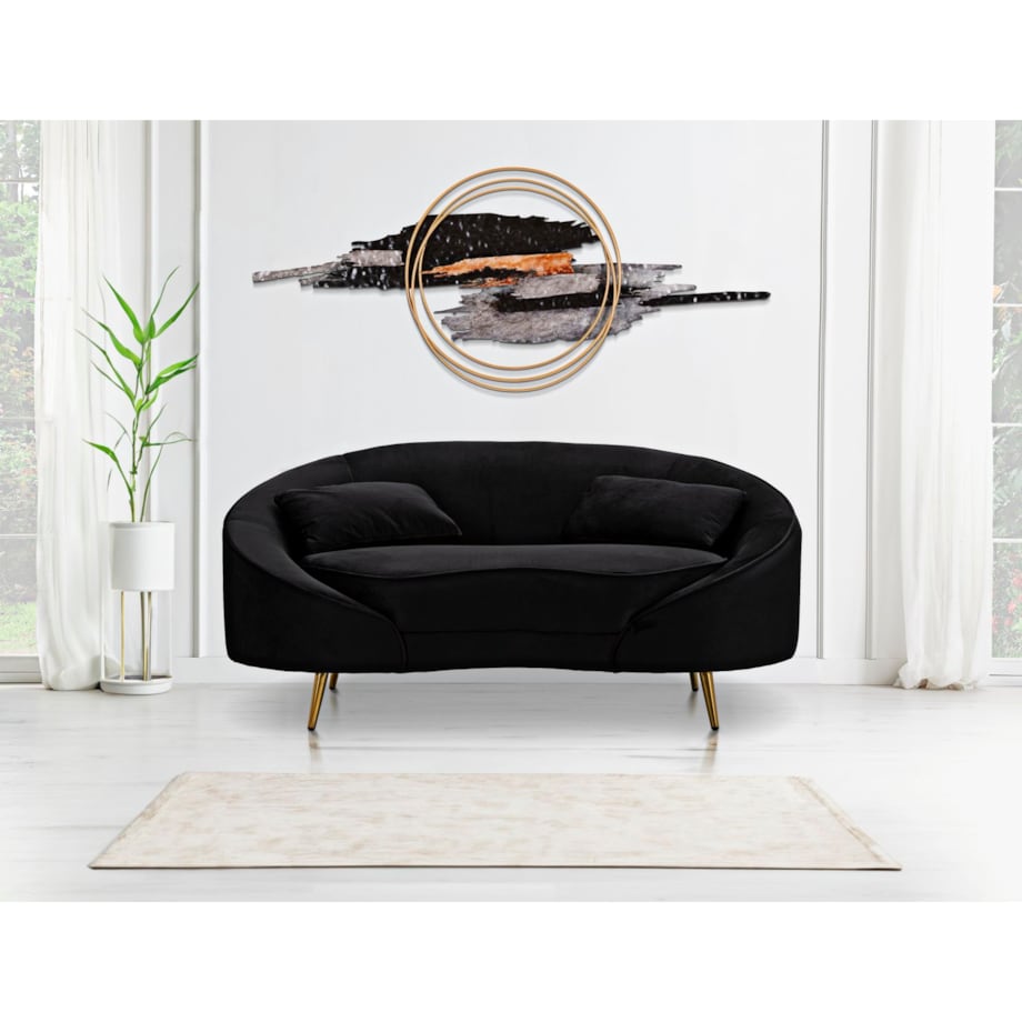Sofa Oslo, kolor czarny i złoty, poliester, drewno eukaliptusowe i metal, 148 x 84 x 68 cm, do salonu, Mauro Ferretti