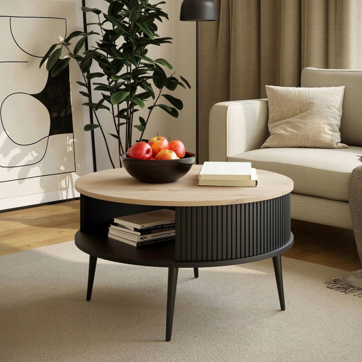 Nowoczesny Stolik Kawowy Okrągły DO SALONU Lamele Czarne DĄB ARTISAN 76 cm