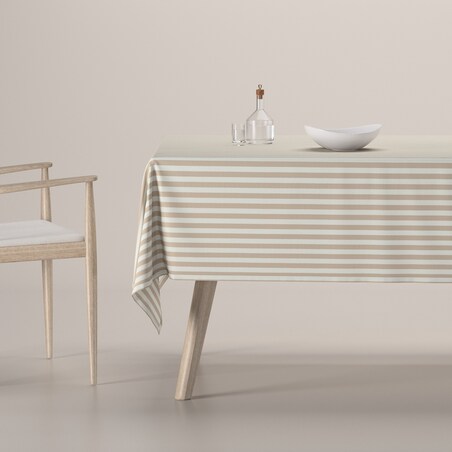 Obrus prostokątny 130 x 160 cm beżowo-białe pasy (1,5cm)