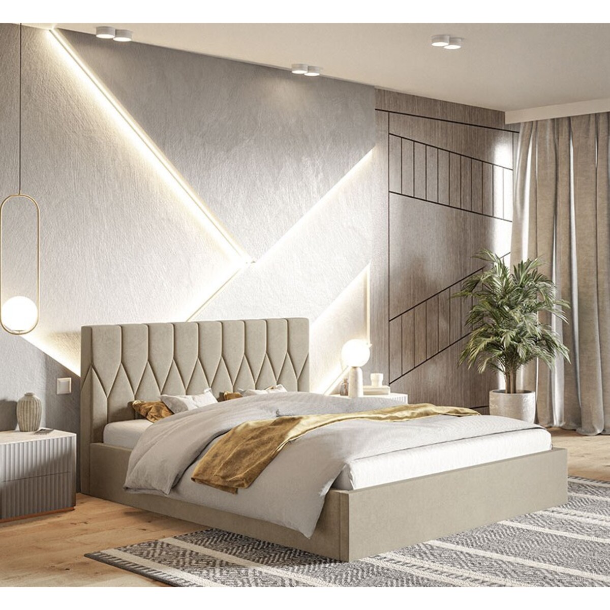 Łóżko sypialniane 180x200 OLDO 9 z pojemnikiem, tkanina welur/plusz- beżowe