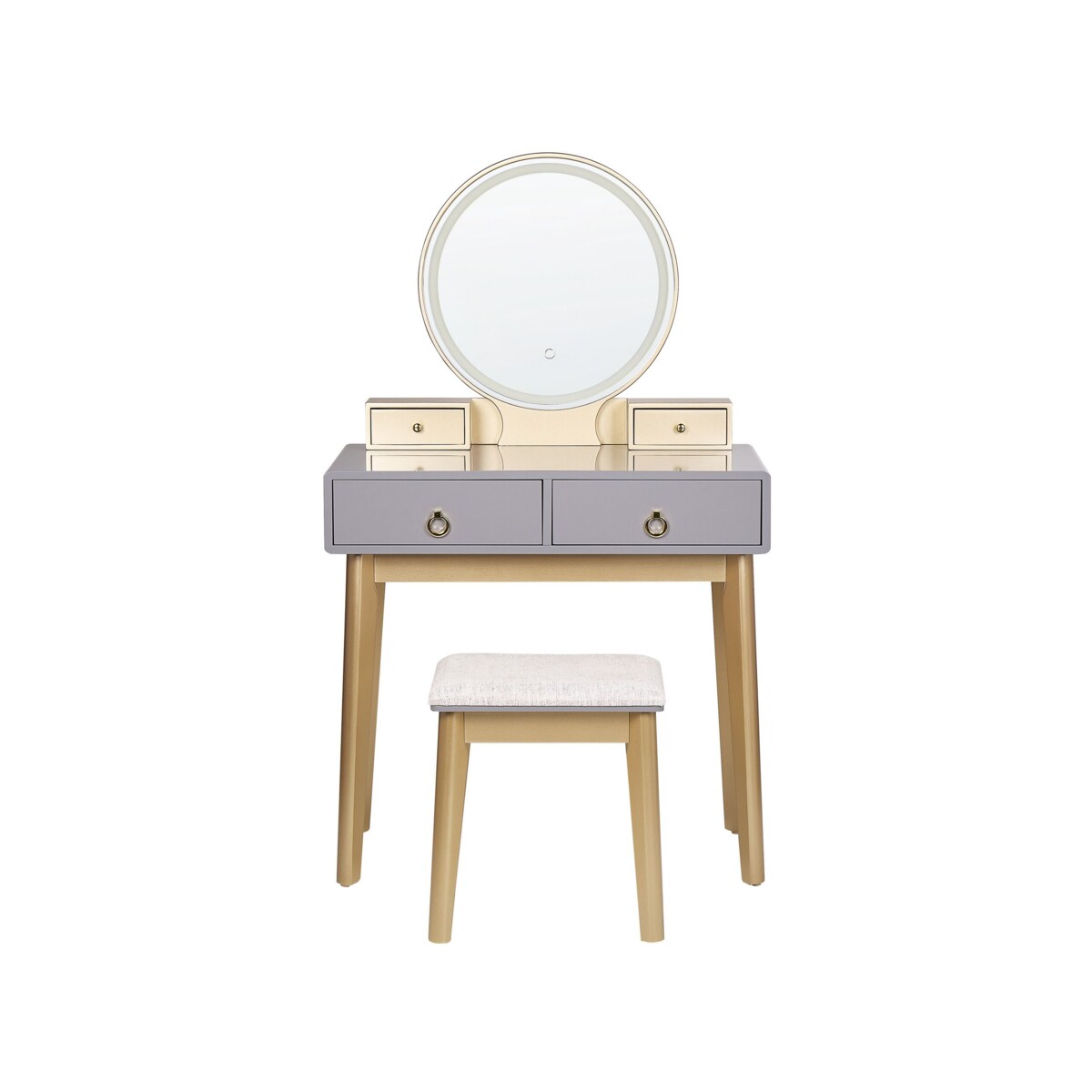 Toaletka 4 szuflady lustro LED ze stołkiem szaro-złota FEDRY