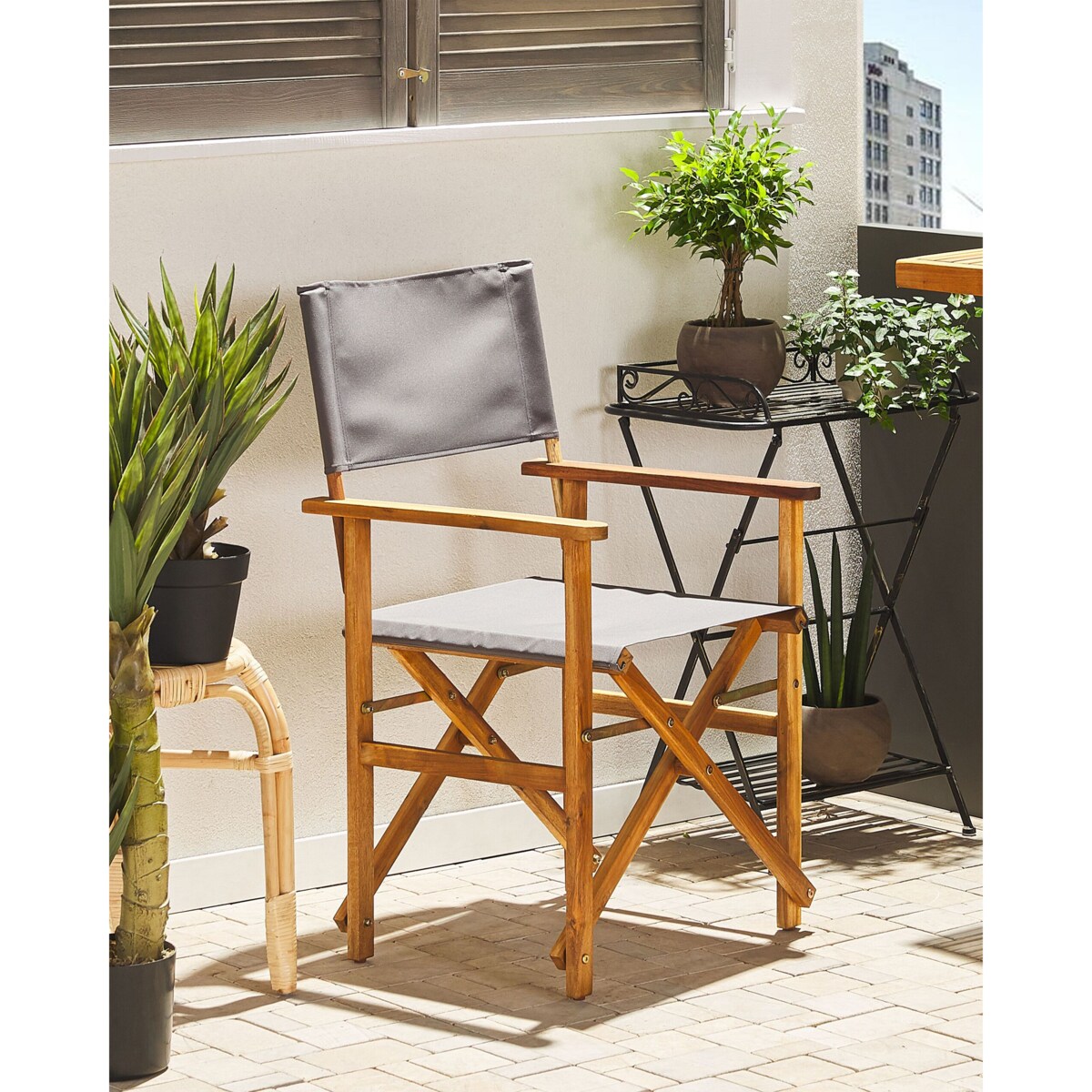 Zestaw 2 krzeseł ogrodowych akacjowy jasne drewno z szarym / wzór w tukany CINE