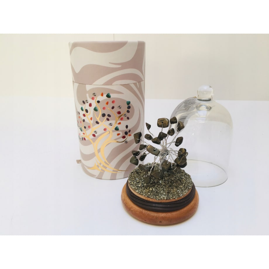 Drzewko KAMIENI z PIRYTU amulet talizman na szczęście w Szklanej Kopule box