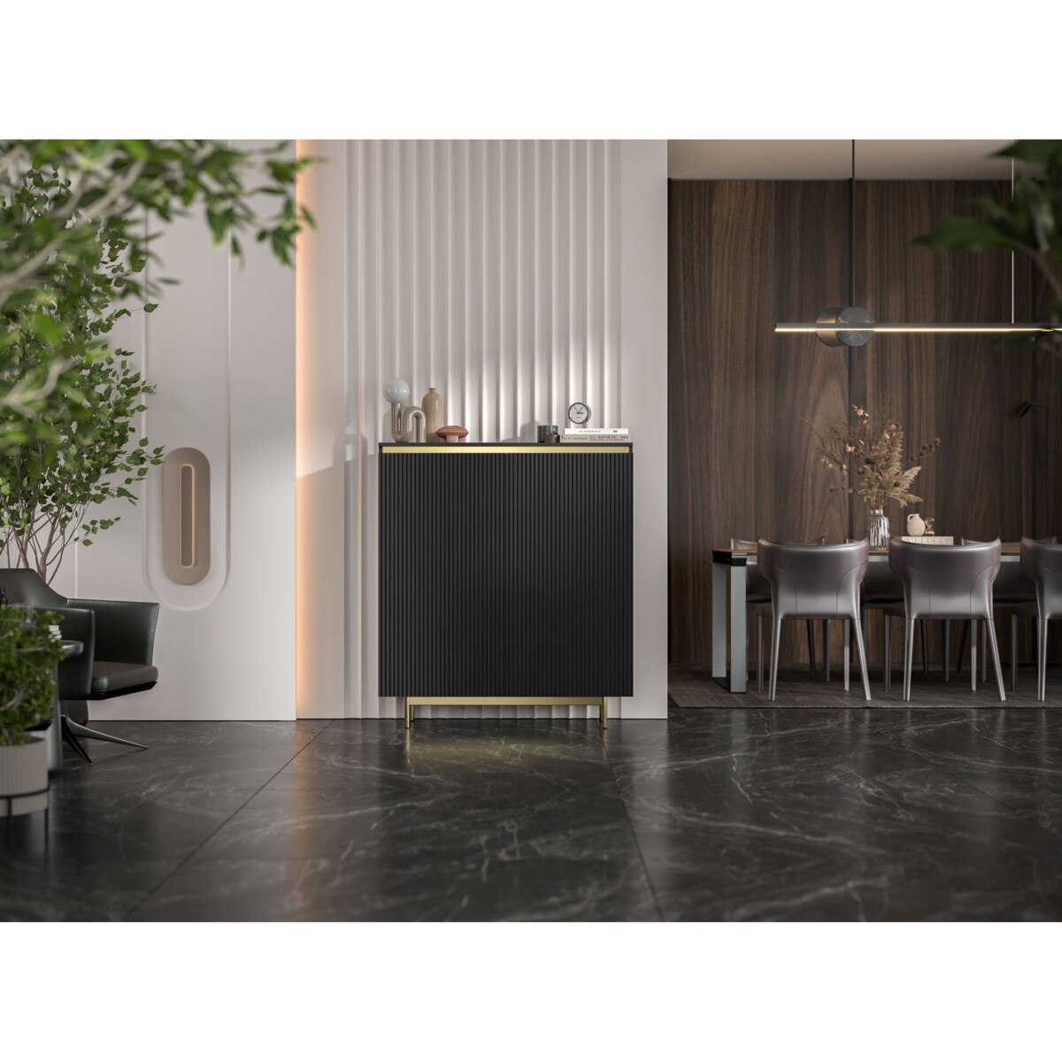 Komoda RTV Glamour 111 cm czarna matowa ryflowane fronty złota rama
