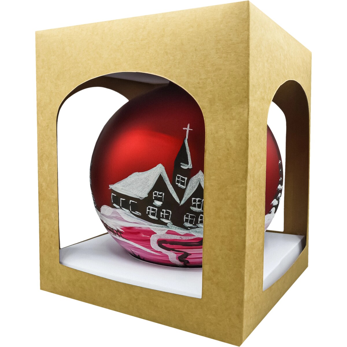 Bombka okrągła matowa: czerwony Zimowy Pejzaż