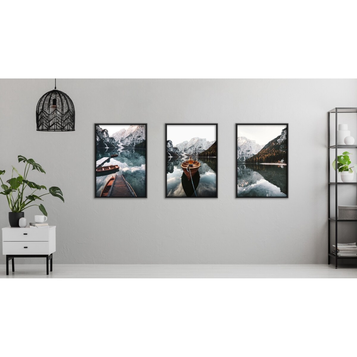 ZESTAW 3x Plakat W Ramie Łodzie GÓRY Las Krajobrazy Efekt 3D 30x40cm