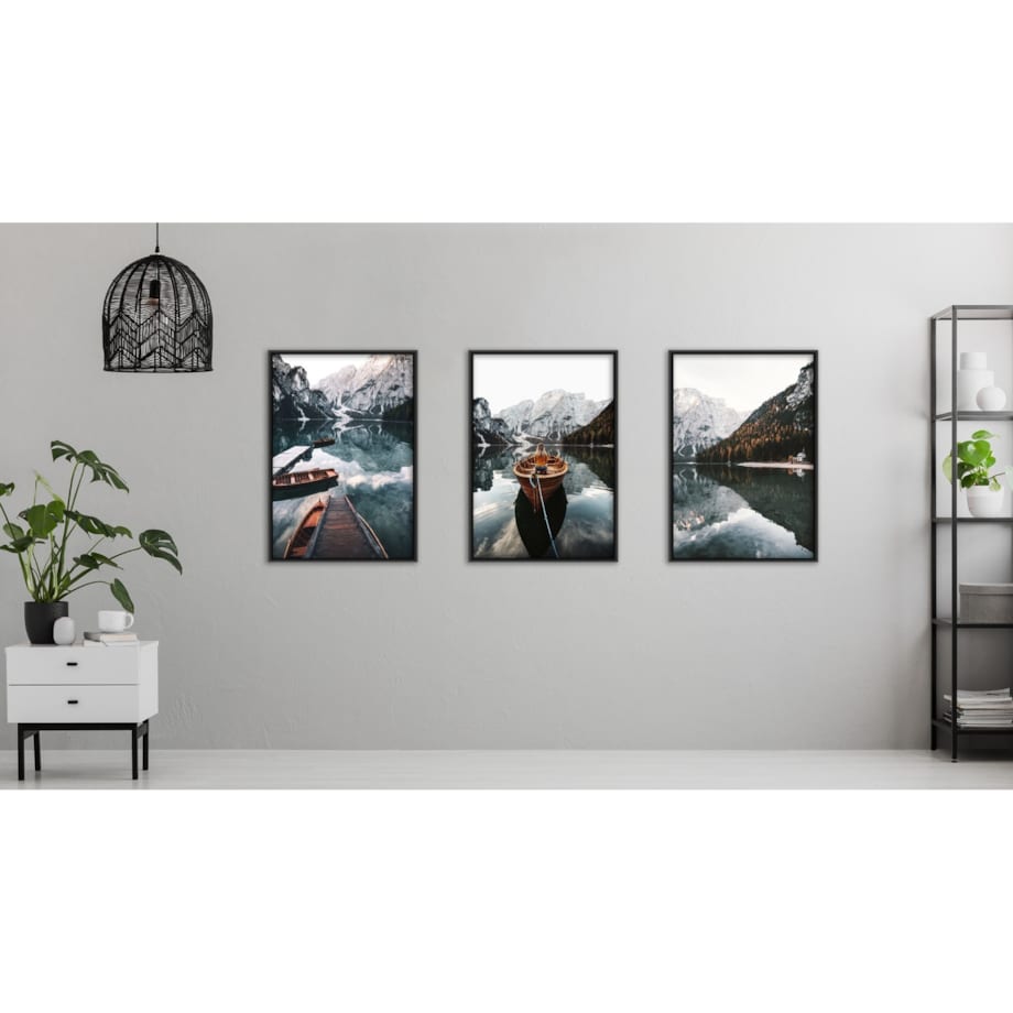 ZESTAW 3x Plakat W Ramie Łodzie GÓRY Las Krajobrazy Efekt 3D 30x40cm