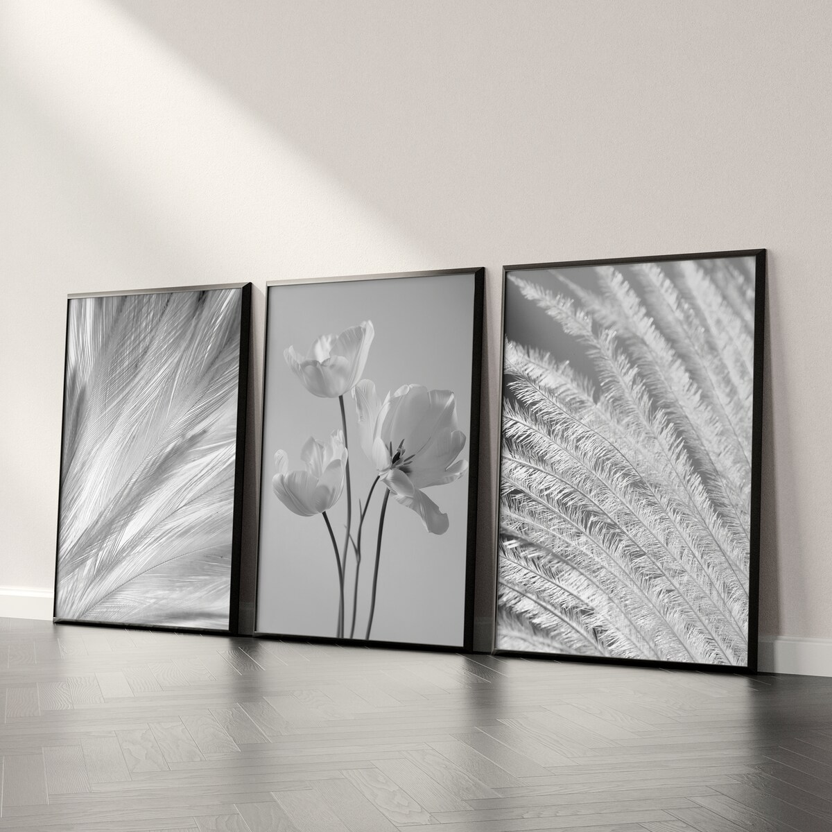 ZESTAW 3X PLAKAT W RAMIE CZARNO-BIAŁE PIÓRA TULIPANY KWIATY DO SALONU 60x80cm