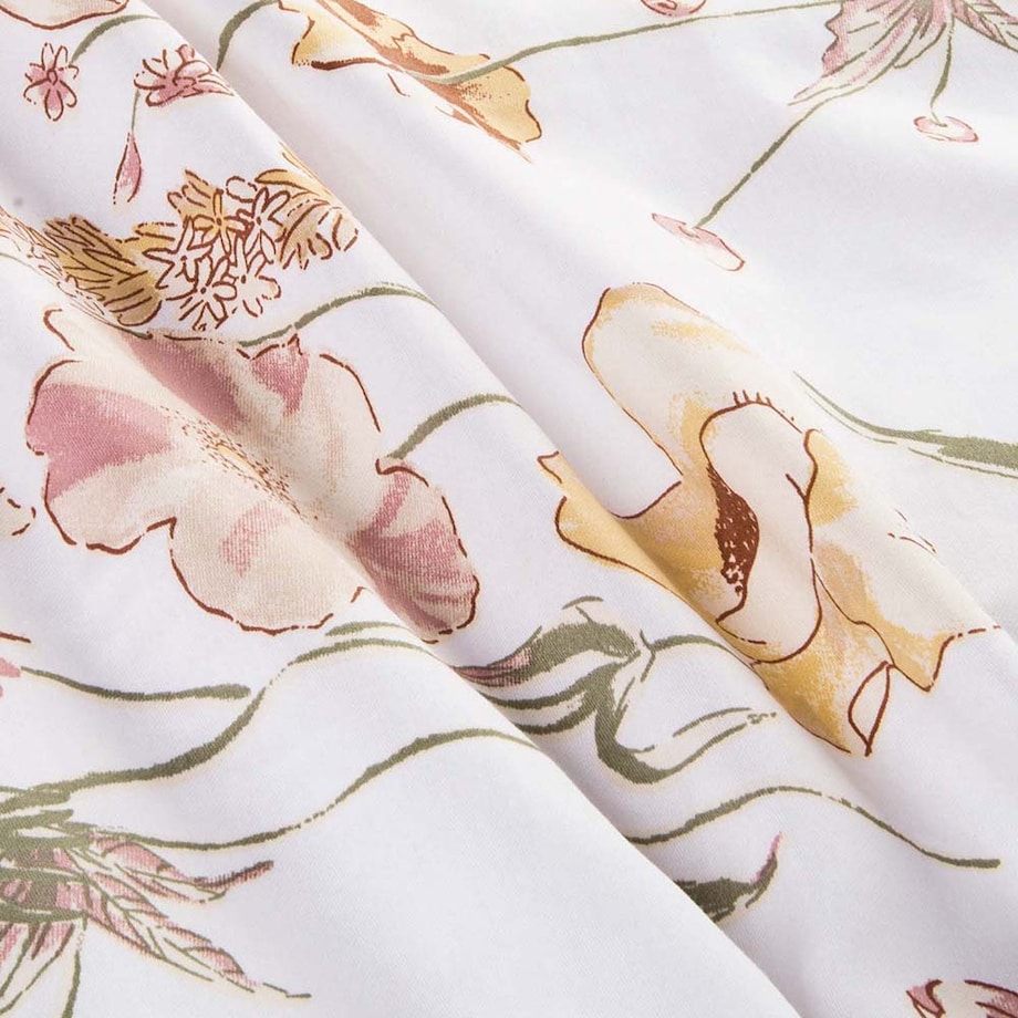 Pościel satyna bawełniana 180x200 Floralis delikatne kremowe kwiaty na biały tle, Satynlove