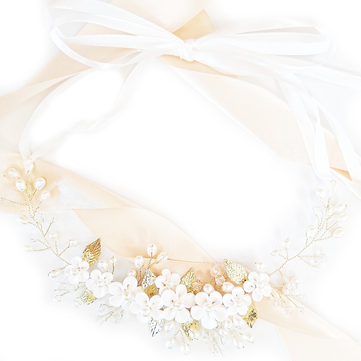 WIANEK białe kwiaty złoty na KOMUNIĘ ślub z listkami perłami giętka ozdoba