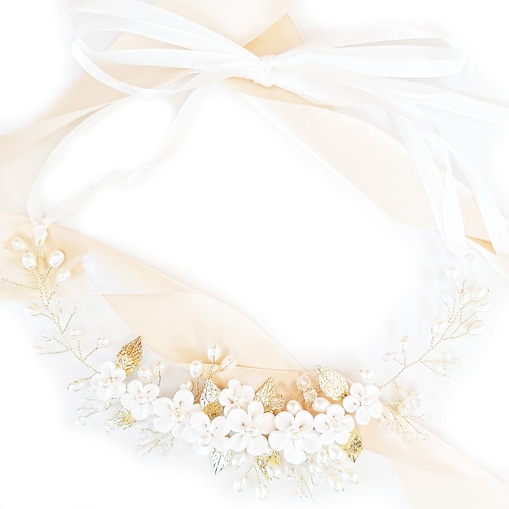 WIANEK białe kwiaty złoty na KOMUNIĘ ślub z listkami perłami giętka ozdoba