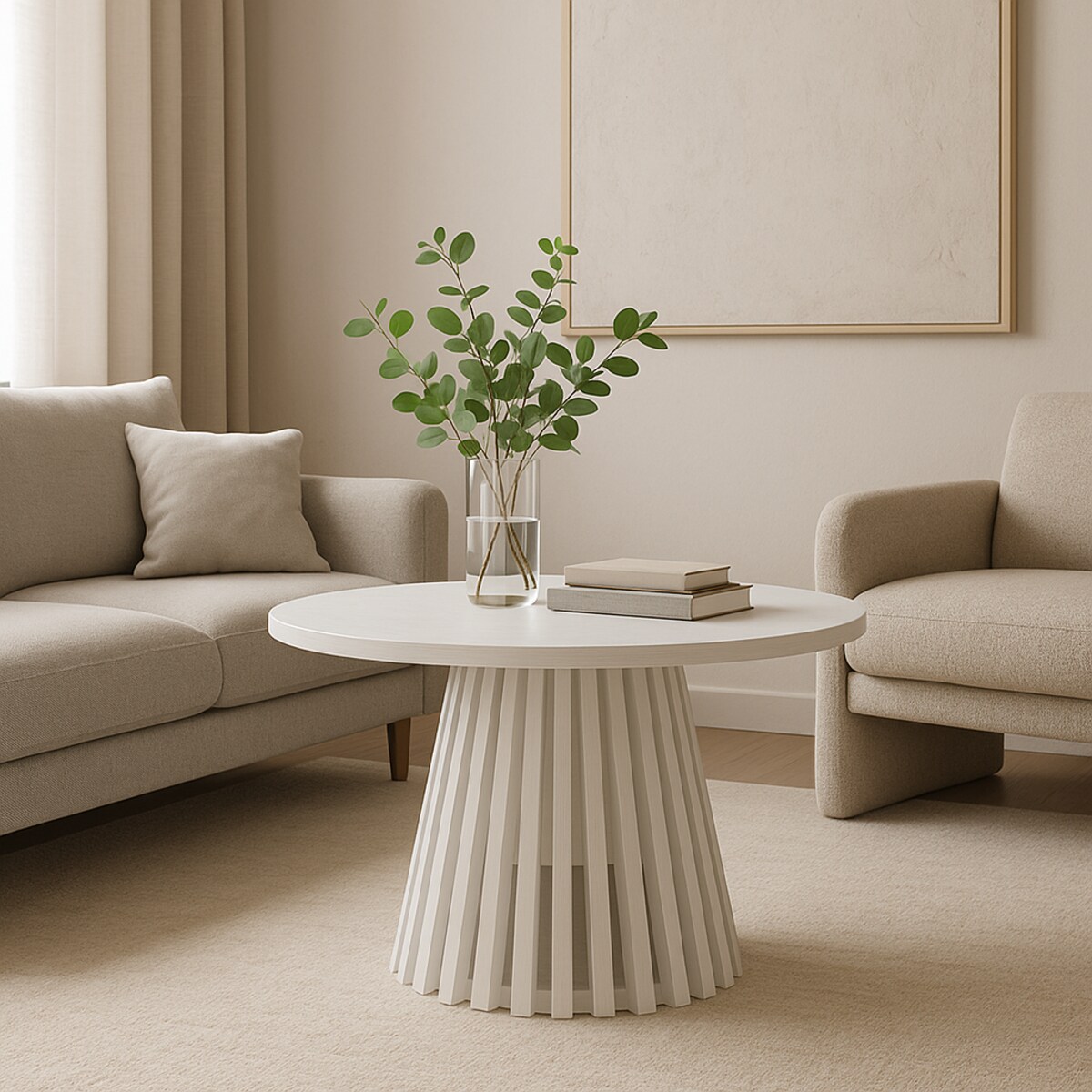 Drewniany stolik kawowy z lamelami okrągły, biały