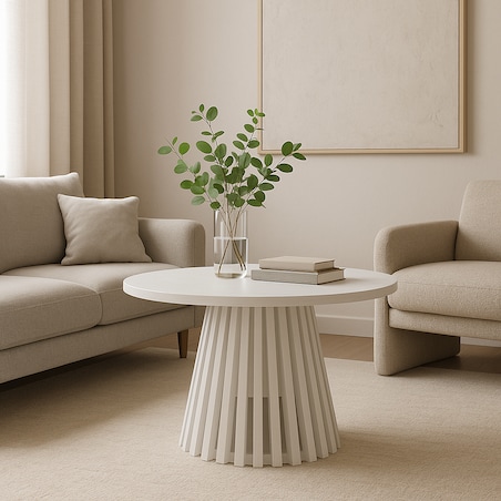 Drewniany stolik kawowy z lamelami okrągły, biały