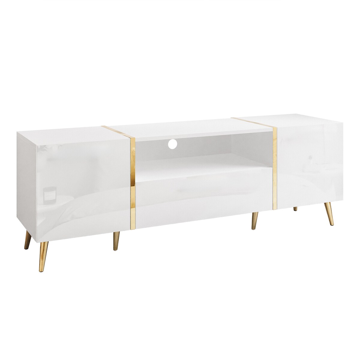 Szafka RTV ONYX na złotych nóżkach wysoki połysk 158 cm, biały połysk, push-to-open