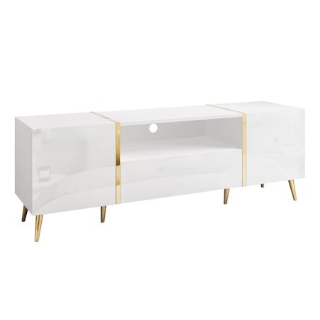 Szafka RTV ONYX na złotych nóżkach wysoki połysk 158 cm, biały połysk, push-to-open