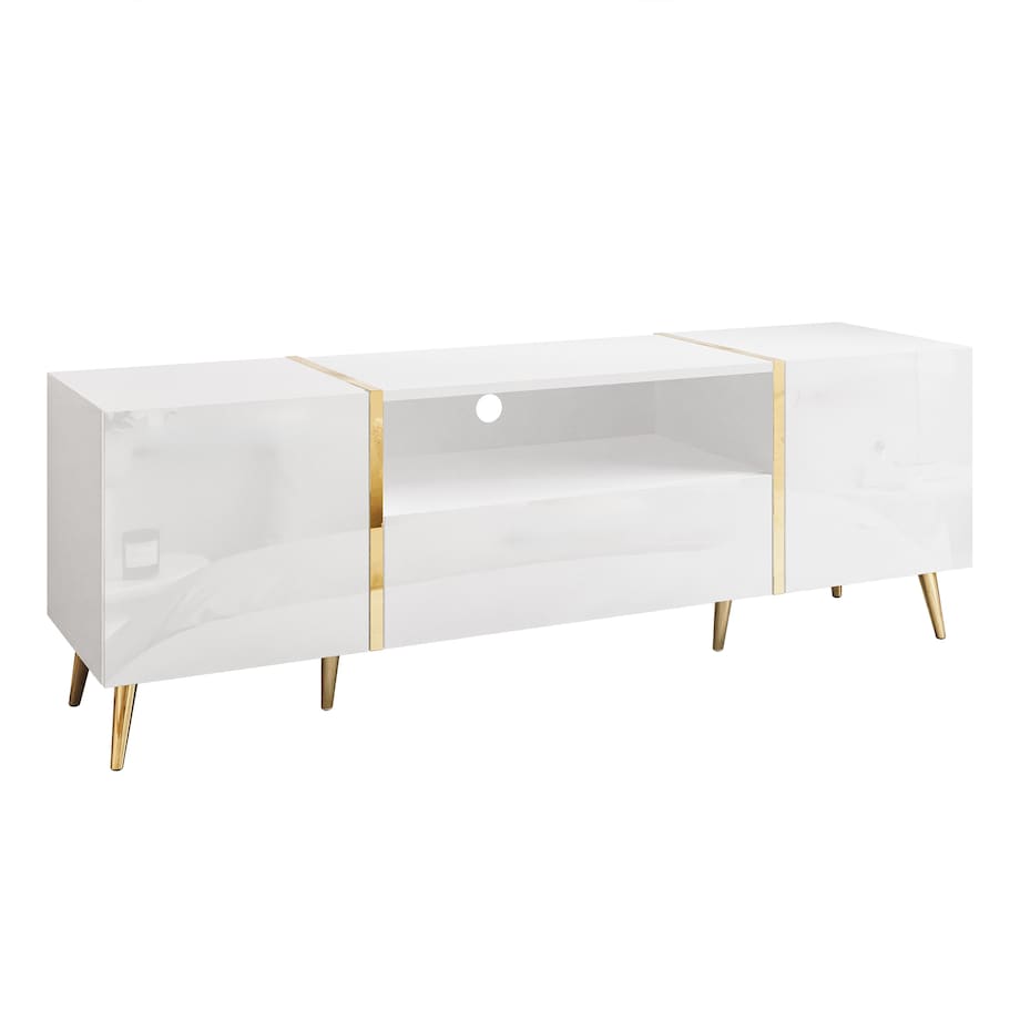 Szafka RTV ONYX na złotych nóżkach wysoki połysk 158 cm, biały połysk, push-to-open