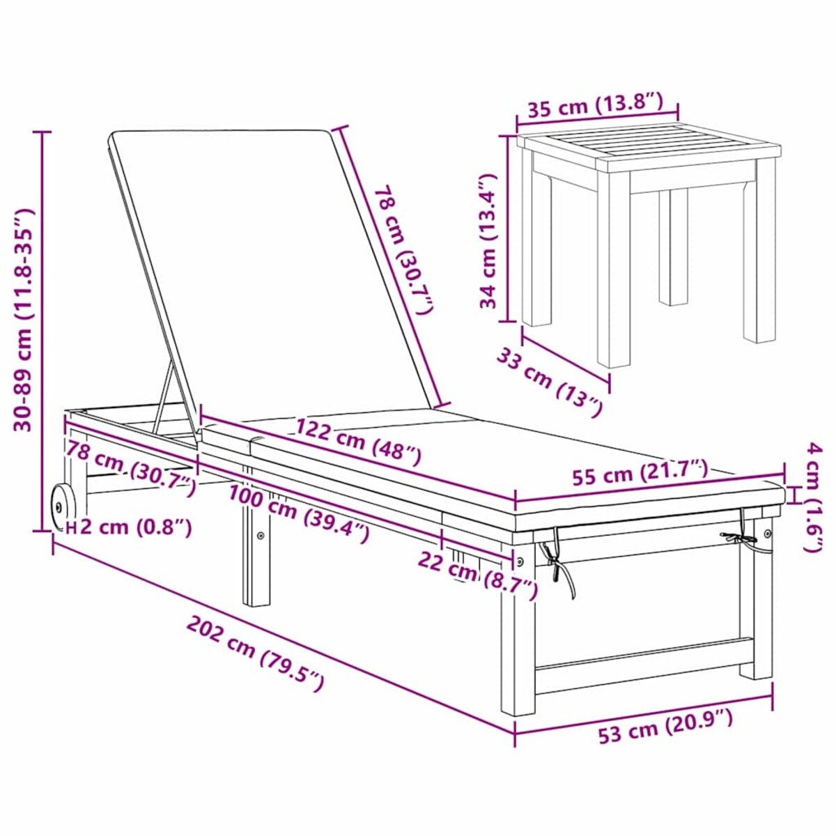 vidaXL Leżak 2-osoba 3 pcs Brązowy 35 x 35 x 34cm Lite drewno akacjowe