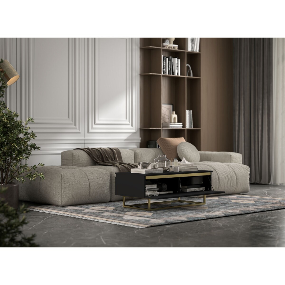 Stolik kawowy Glamour prostokątny elegancka ława Czarny Mat Stelaż w złotym kolorze 109 cm
