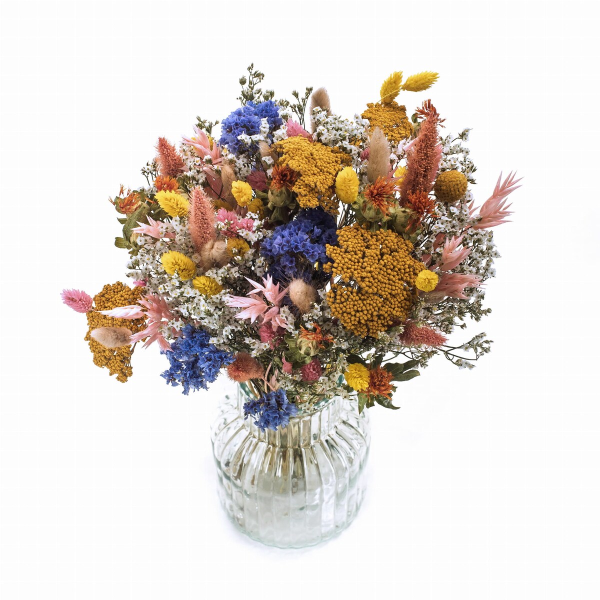 Bukiet suszonych kwiatów premium - krwawnik, kraspedia, phalaris