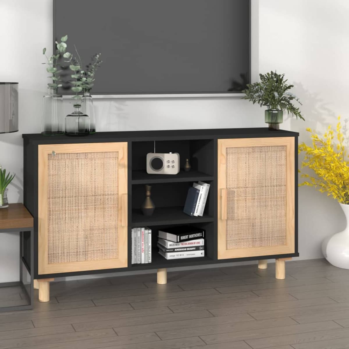 vidaXL Komoda, czarna, 105x30x60 cm, lita sosna i naturalny rattan