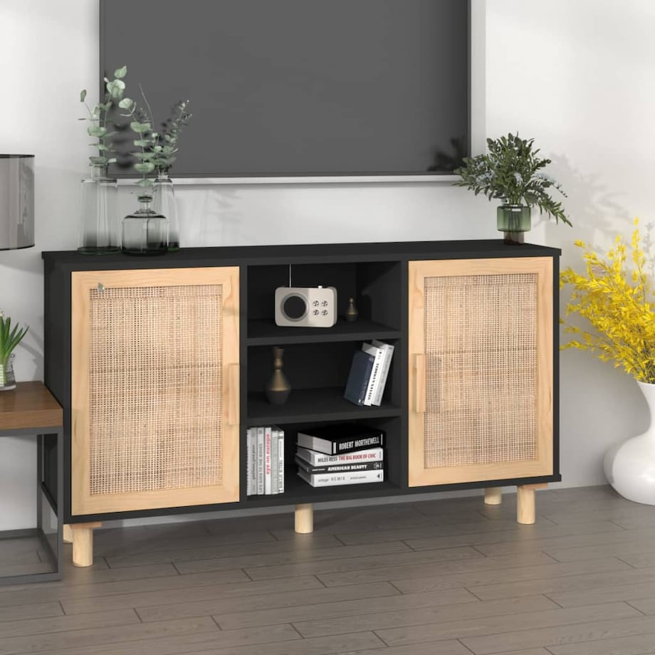 vidaXL Komoda, czarna, 105x30x60 cm, lita sosna i naturalny rattan