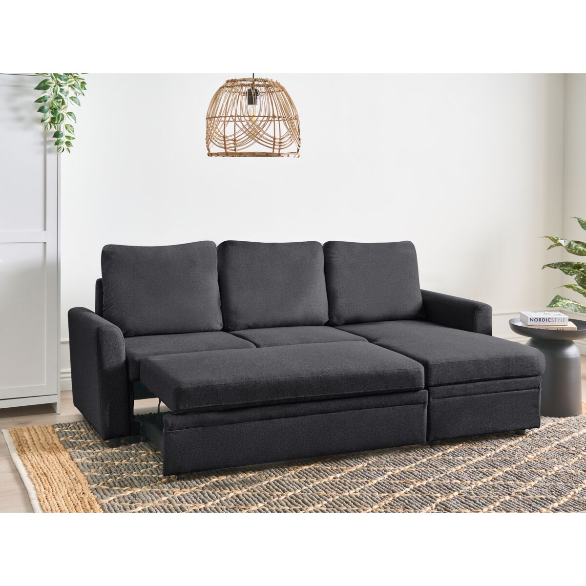 Narożnik rozkładany NASSJO Len syntetyczny Czarny dla 3 osób Lewostronny