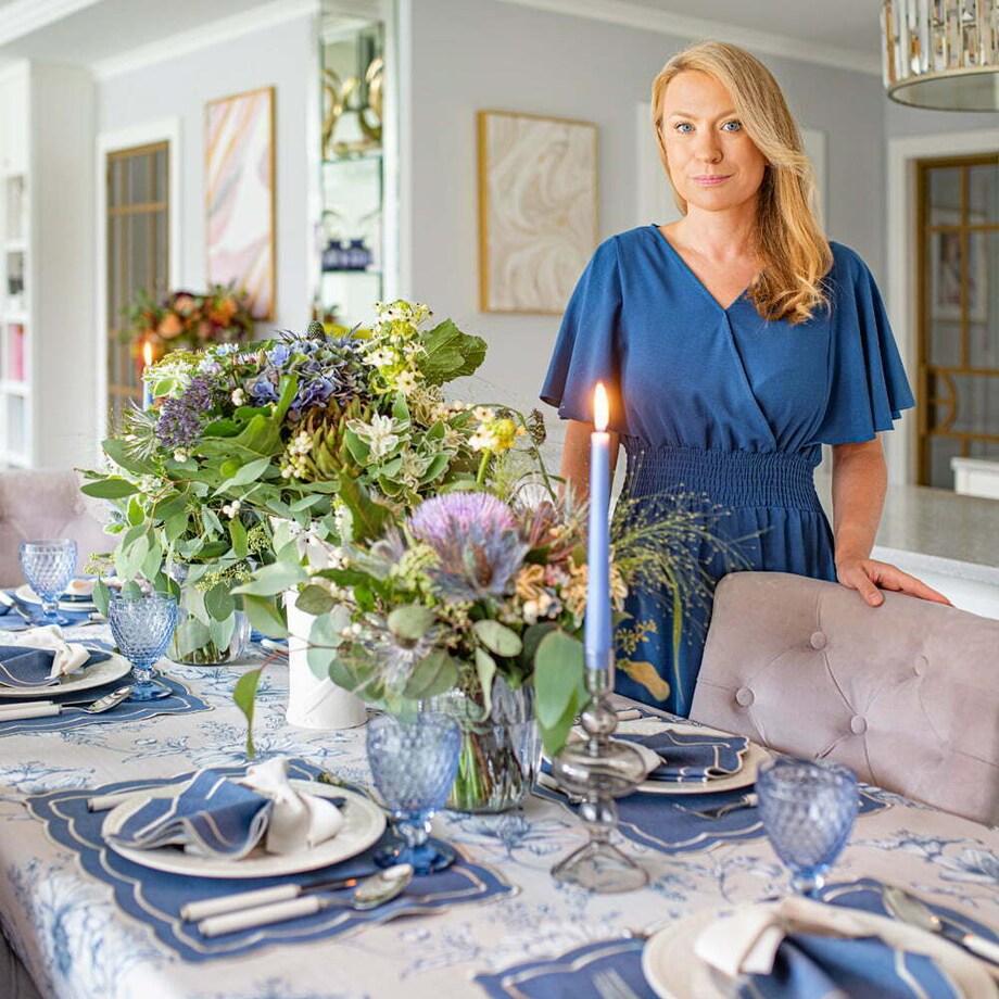 Dwustronne podkładki z motywem kwiatowym i eleganckich pasów Blossom Blue & Stripes – komplet 4 szt.