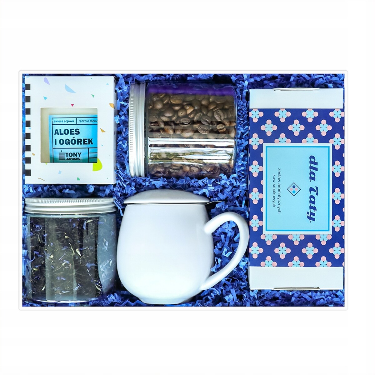 DUŻY BOX ZESTAW PREZENTOWY UPOMINKOWY PREMIUM - KAWA HERBATA KUBEK Z ZAPARZACZEM ŚWIECA SOJOWA - PREZENT UPOMINEK DLA TATY TEŚCIA NA DZIEŃ OJCA URODZINY