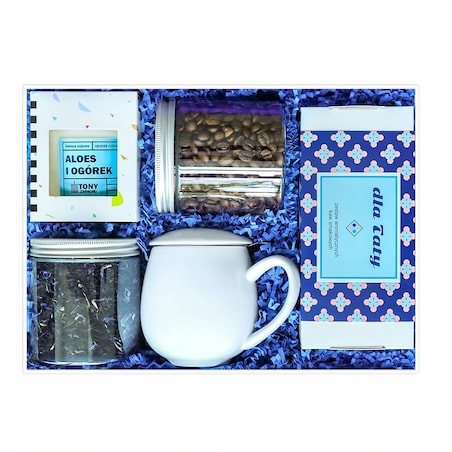 DUŻY BOX ZESTAW PREZENTOWY UPOMINKOWY PREMIUM - KAWA HERBATA KUBEK Z ZAPARZACZEM ŚWIECA SOJOWA - PREZENT UPOMINEK DLA TATY TEŚCIA NA DZIEŃ OJCA URODZINY