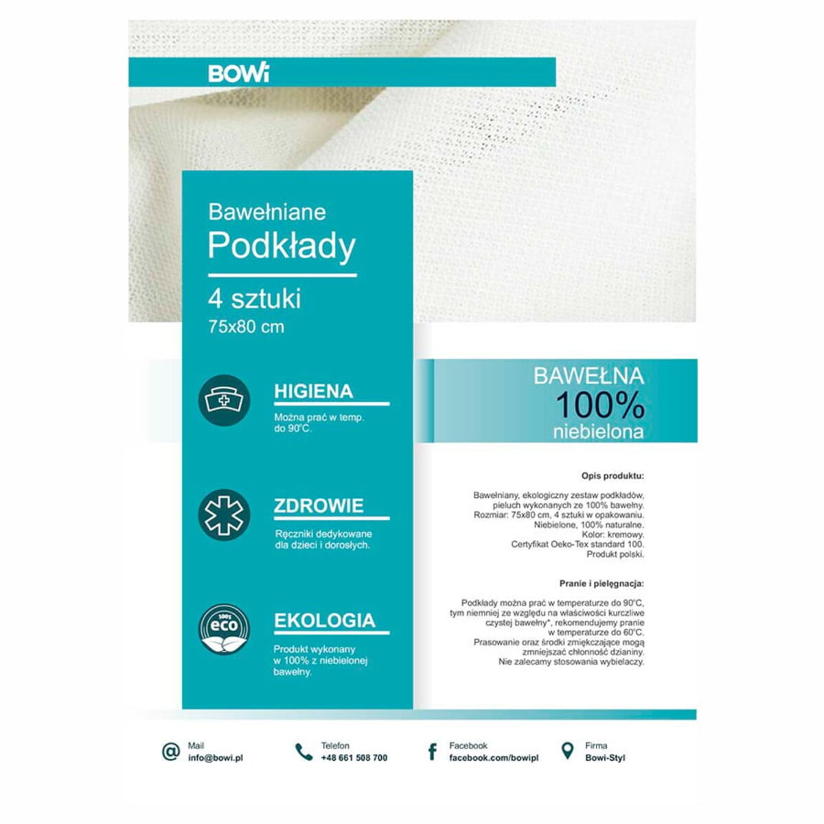 Bawełniany podkład, pielucha wielorazowa Eco - 100% zestaw 4 sztuki