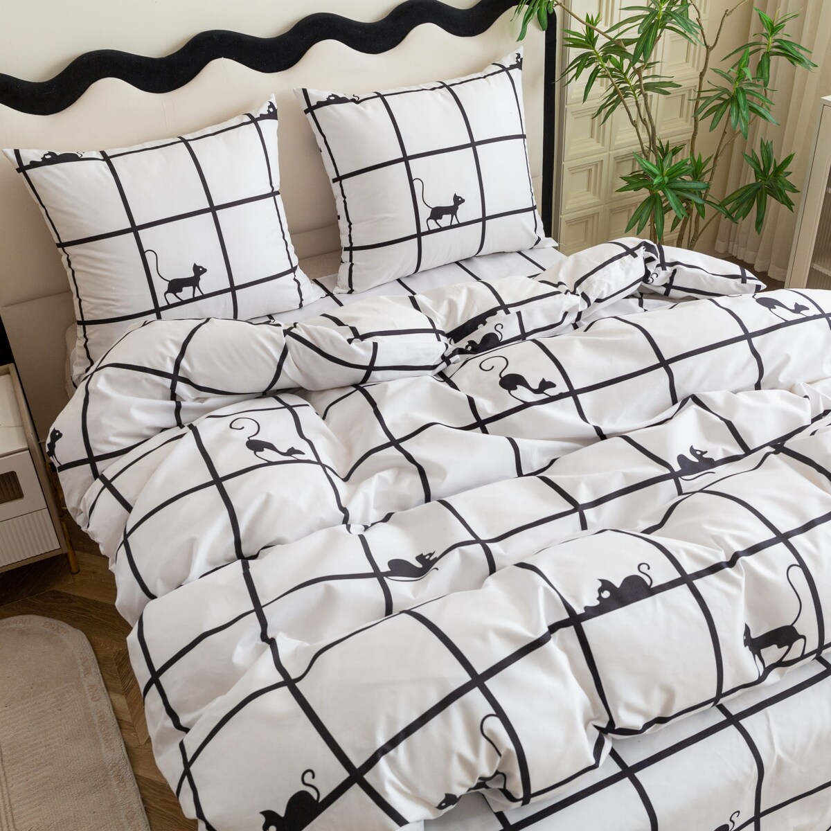 Komplet Pościeli Dwuosobowej Krata Z Kotami 220X200 Z 2 Poszewkami 70X80