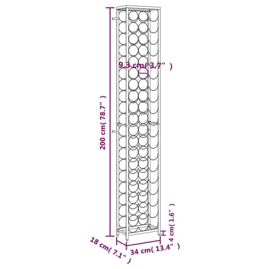 vidaXL Stojak na 57 butelek, czarny, 34x18x200 cm, kute żelazo