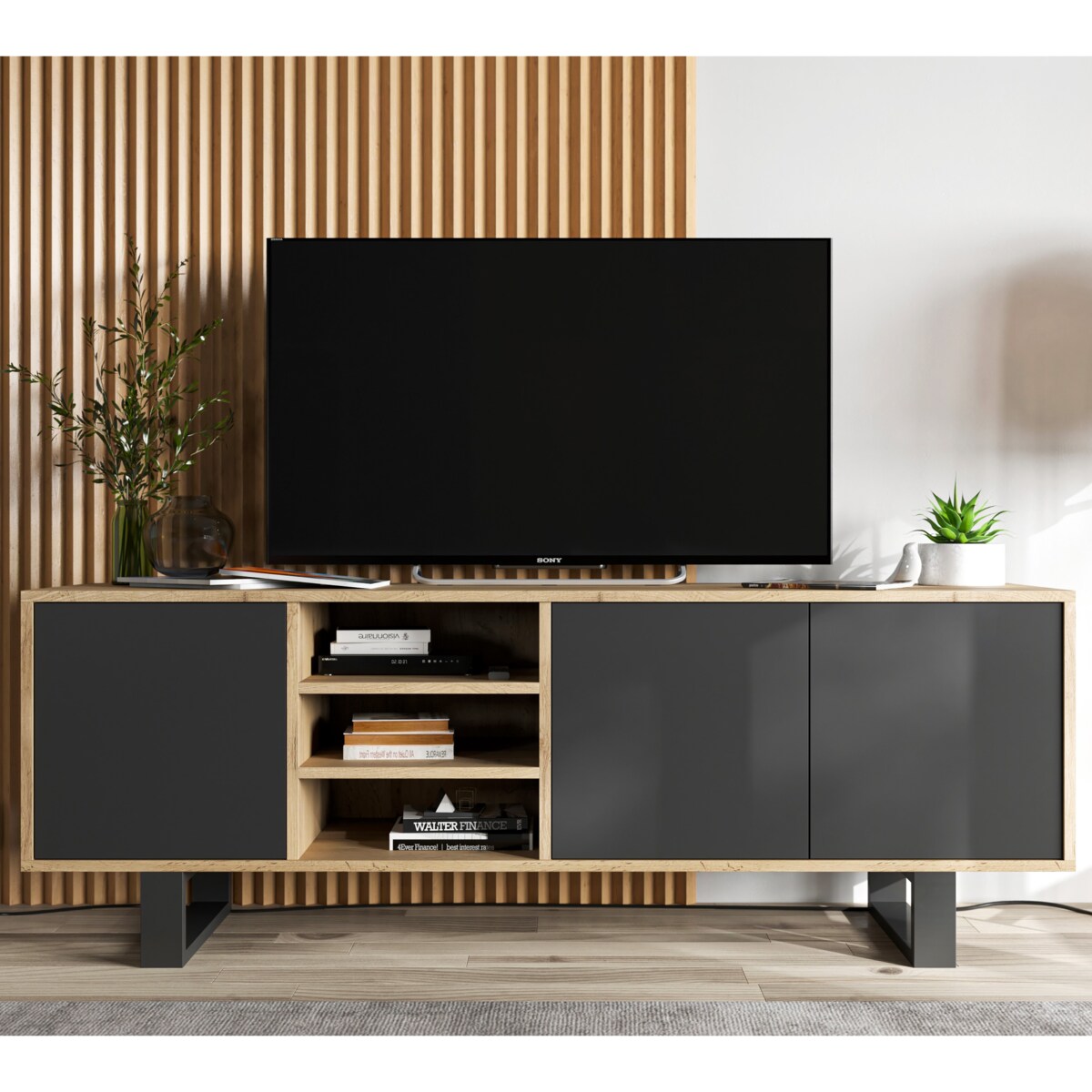 Szafka RTV Loft Komoda Industrialna Czarny MAT Dąb Wotan 150 cm