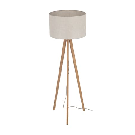 Lampa Podłogowa Drewniana Viga Shade Sosna Trójnóg Lniany Abażur