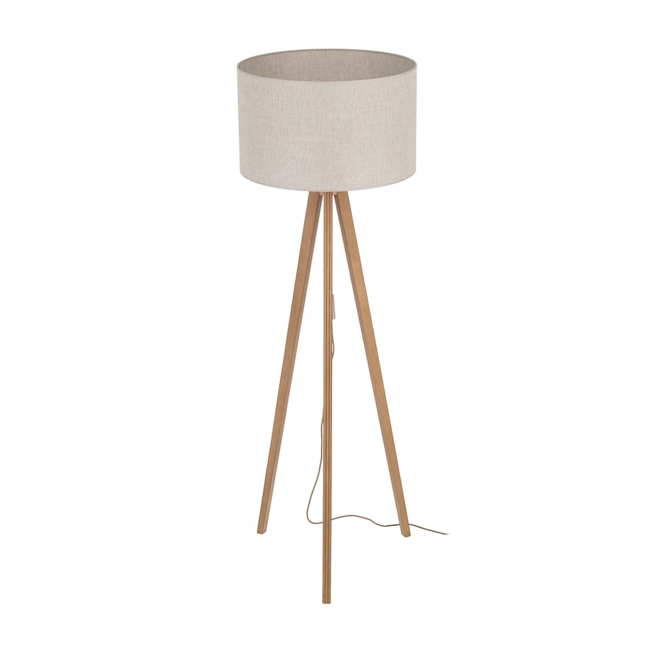Lampa Podłogowa Drewniana Viga Shade Sosna Trójnóg Lniany Abażur