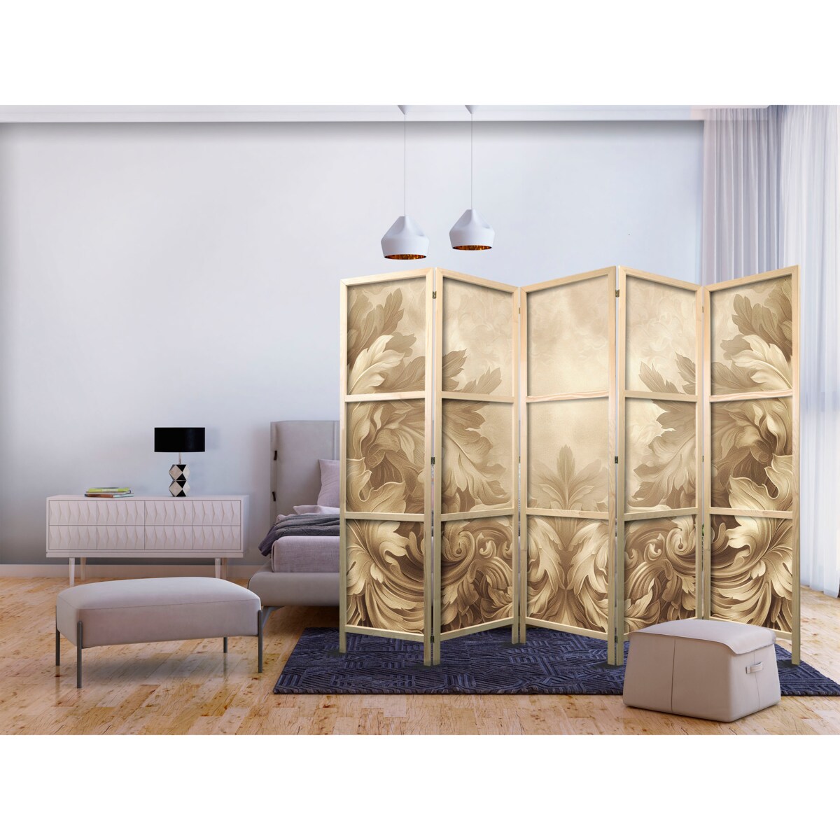 Parawan Japoński 5-panelowy Rzeźbione Ornamenty Barokowe 225x172cm